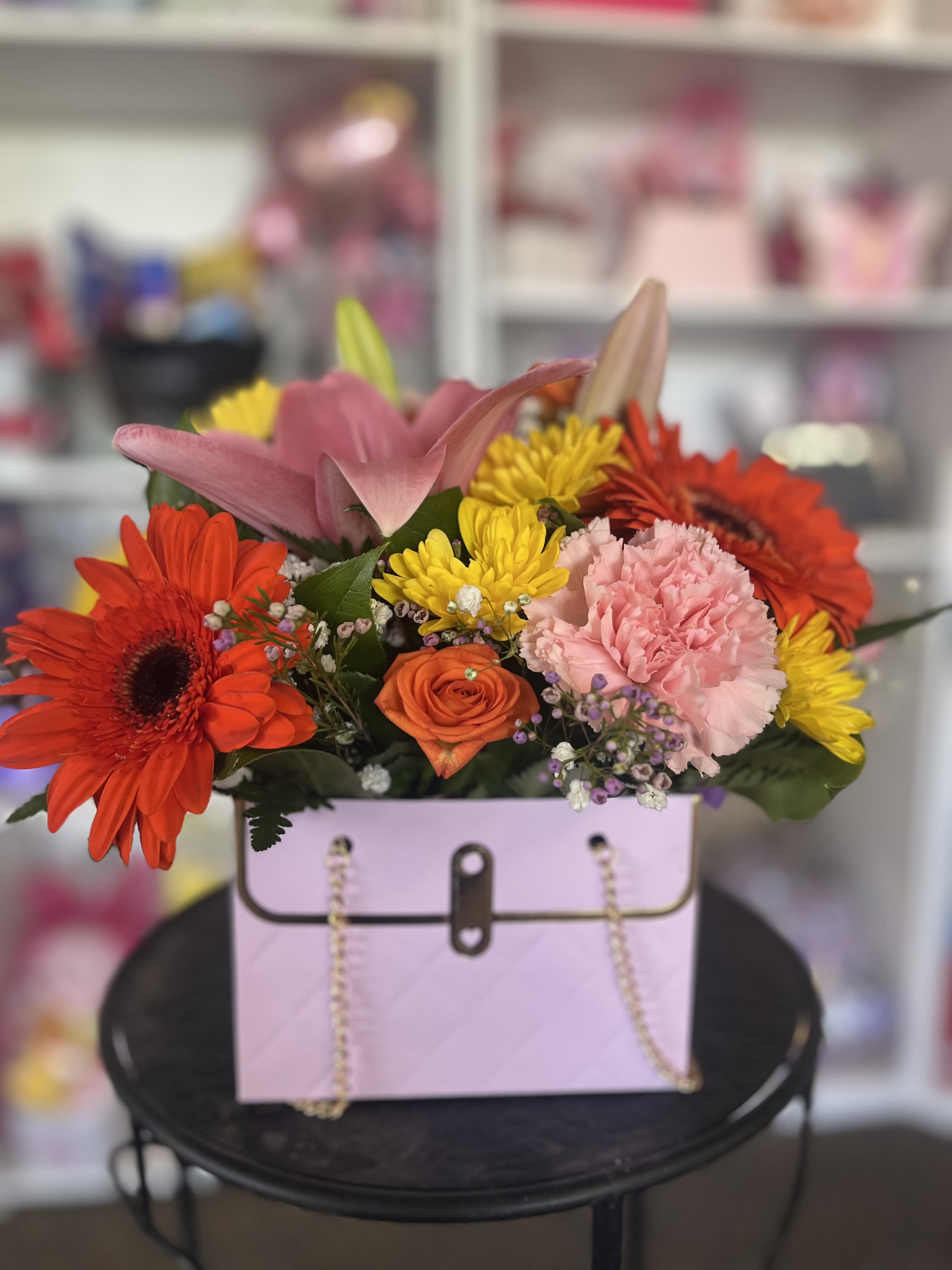 Pink Girly Purse  - fresh flowers in purse setting 