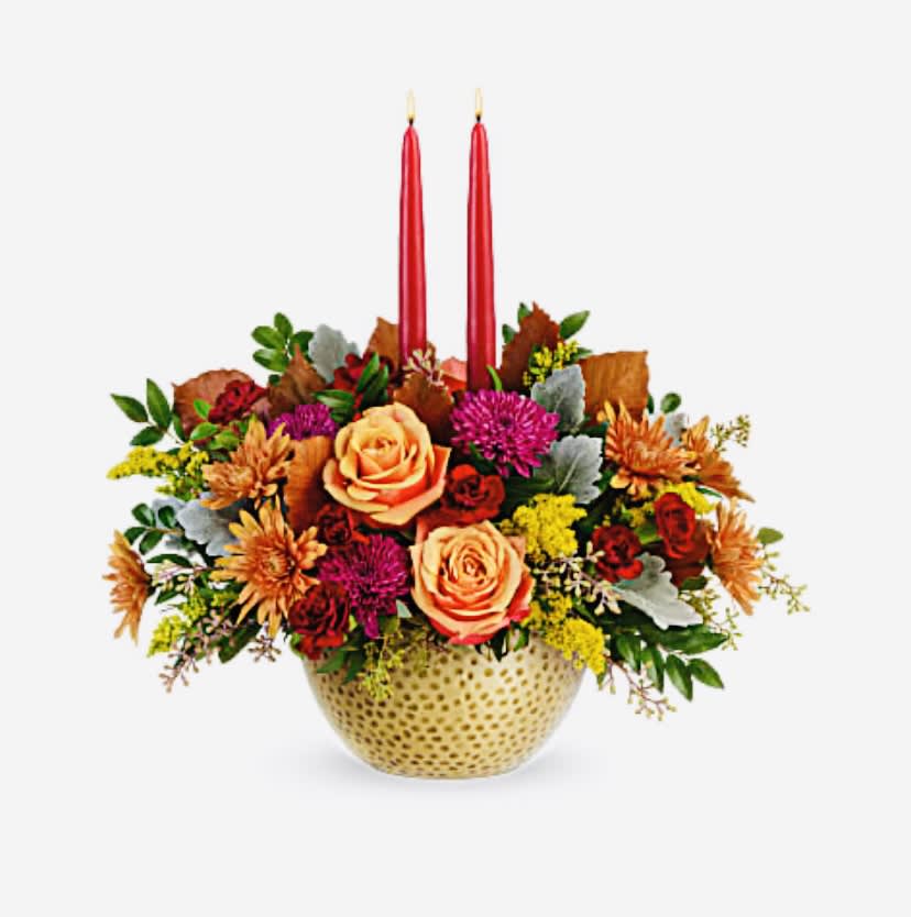 Gleaming Autumn Bouquet  - The Gleaming Autumn Bouquet is golden hour in a fall bouquet! This breathtaking array of fall flowers arranged in a golden, hammered metal bowl glows grand beneath two elegant taper candles. 