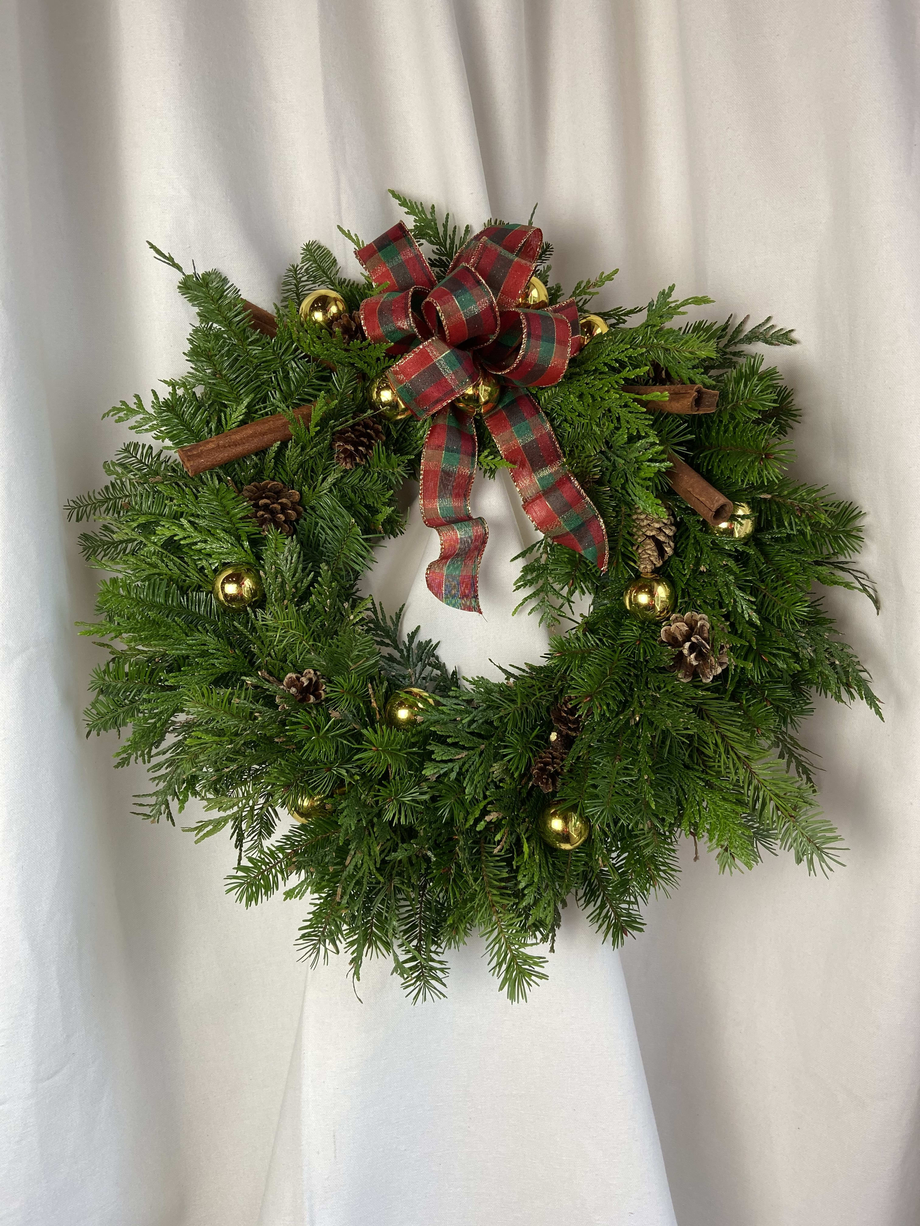 Christmas Wreath (16-18&quot; diameter) - Your front door will greet guests with a cheery welcome!    This wreath is on a 14&quot; frame; so overall size will be roughly 16-18&quot;.