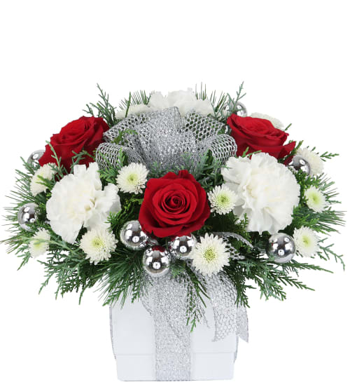  Snowy Splendour Arrangement - Make their wishes come true and let them enjoy the beauty of winter with our very own Snowy Splendour arrangement! A celebration of all things winter exemplified by a ribbon wrapped white cube vase featuring red and white carnations, cushion mums, silver balls, and holiday greenery complete with a mesh silver bow.