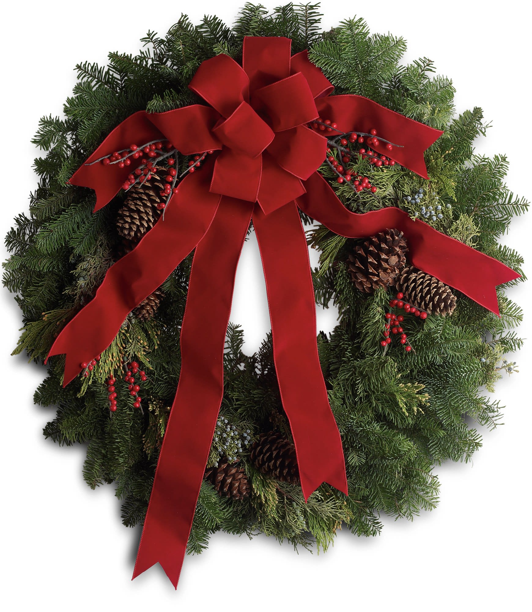 Classic Holiday Wreath  - The holidays are knocking at the door. Luckily, here's a gift that always gets a warm welcome! It's a classic holiday wreath with some very lovely extras. A beautiful noble fir wreath with juniper branches, pinecones and berry sprays is adorned with a brilliantly festive red velvet bow. Anyone would be delighted to have this arrive on their doorstep! Approximately 31&quot; W x 33&quot; H