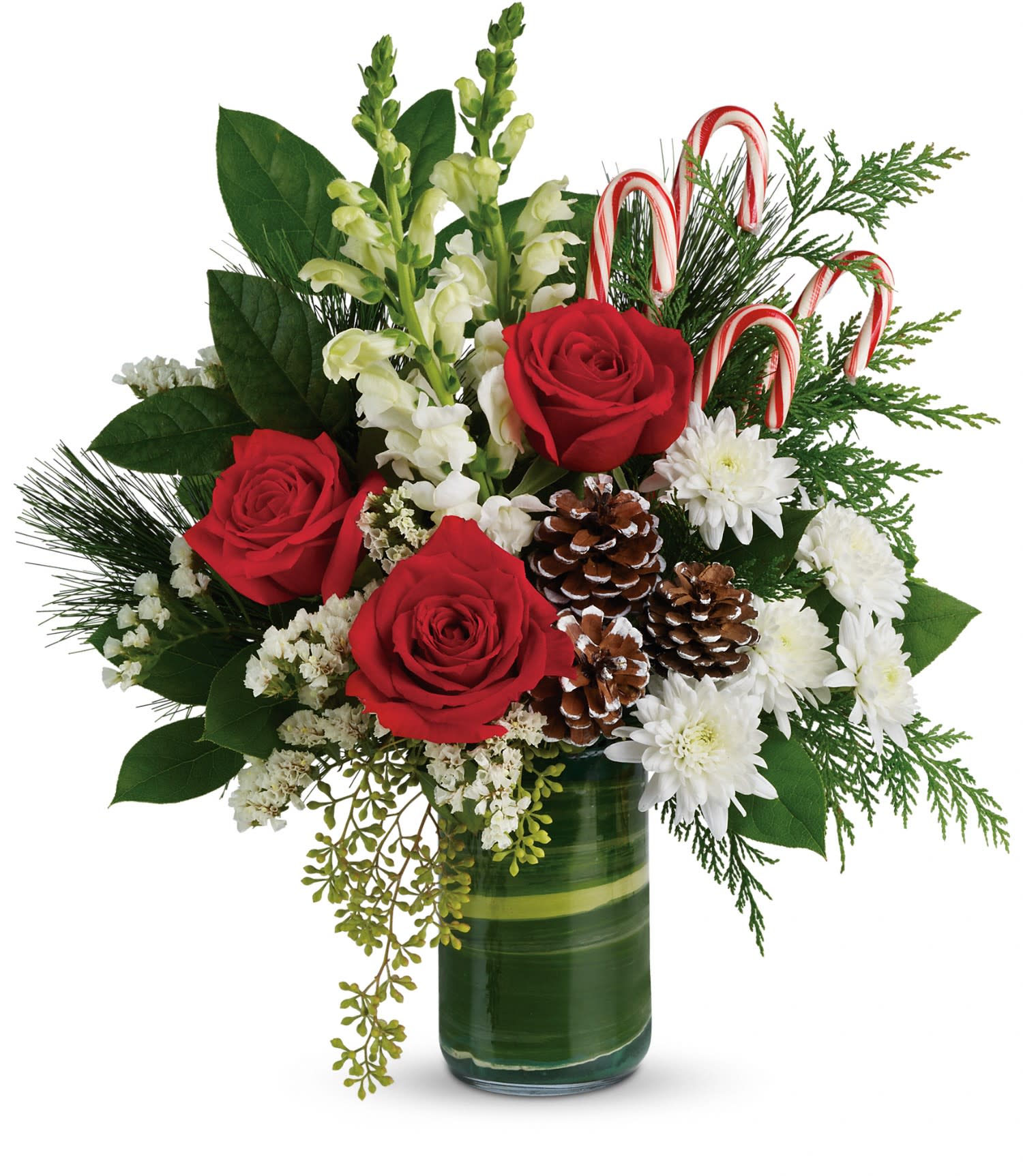 Festive Pines Bouquet  - Bursting with Christmas spirit, this lush rose bouquet is accented with candy canes and pine cones for a touch of festive fun. Red roses, white snapdragons, and white cushion spray chrysanthemums are wrapped in a variegated aspidistra leaf and accented with seeded eucalyptus, lemon leaf, flat cedar, white pine, candy canes, and small frosted pinecones. Delivered in a clear glass cylinder vase. Approximately 16&quot; W x 17 1/2&quot; H