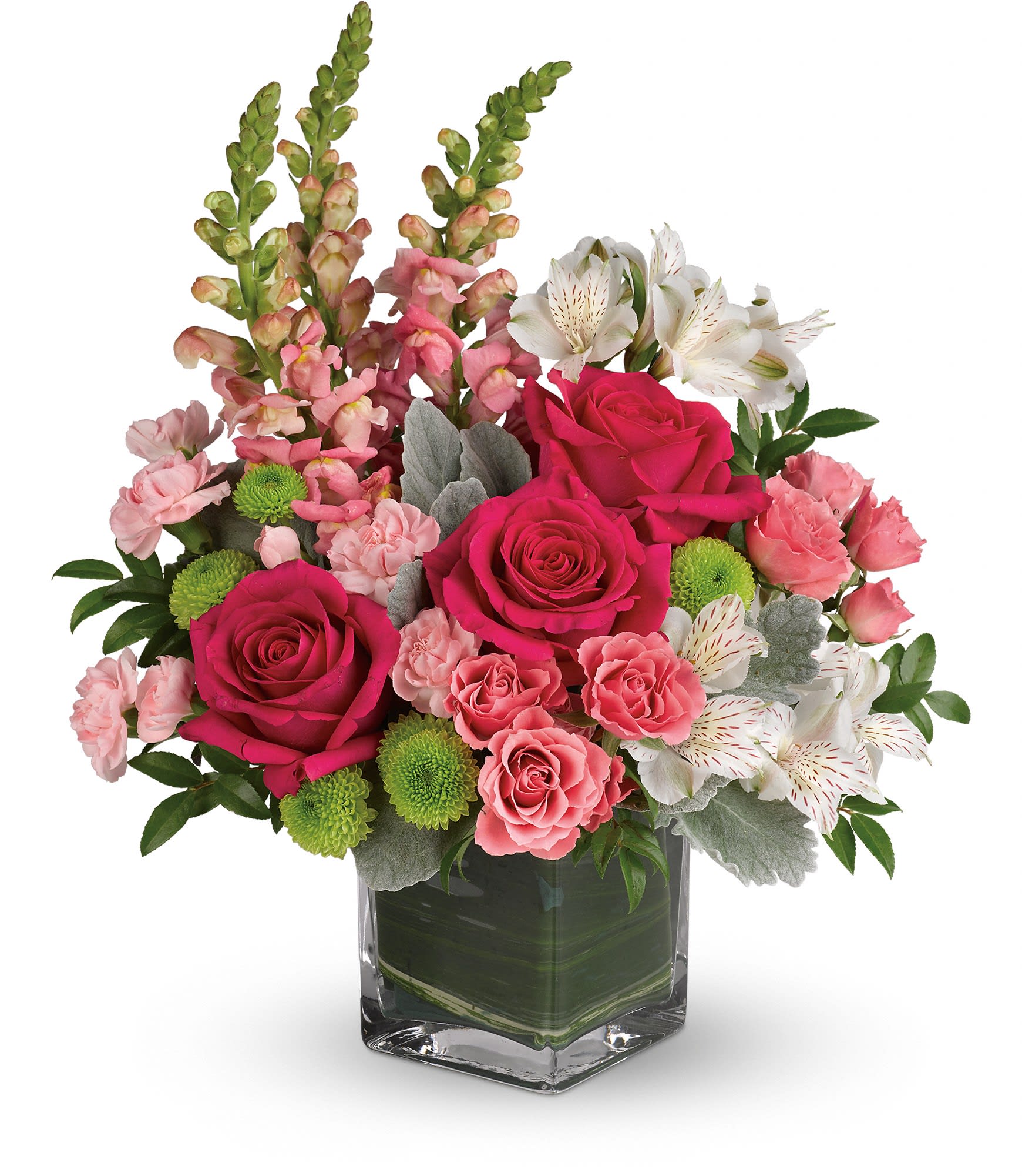 Garden Girl  - Fun and feminine, this hot pink bouquet is reminiscent of a spring garden party with friends! Stunning roses, delicate alstroemeria and dramatic snapdragons are hand-delivered in a classic cube vase lined with a green leaf - a surprise gift that'll touch her heart, no matter the occasion. Hot pink roses, pink spray roses, white alstroemeria, pink miniature carnations, green button spray chrysanthemums and pink snapdragons are arranged with dusty miller, huckleberry and variegated aspidistra leaf. Delivered in a clear cube vase. Approximately 14 1/2&quot; W x 17&quot; H