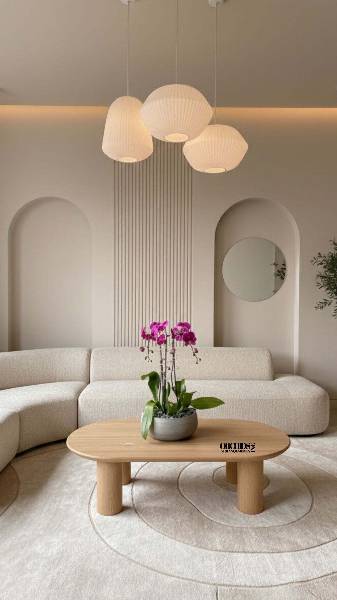 Same Day Orchids Purple Phalaenopsis - A high quality Triple purple orchid arrangement with a vase 8.5&quot; D X 4&quot; T. An orchid arrangement flower deliver for any occasion design with fresh natural real beautiful Phalaenopsis cascade orchid plant minimalist decor.