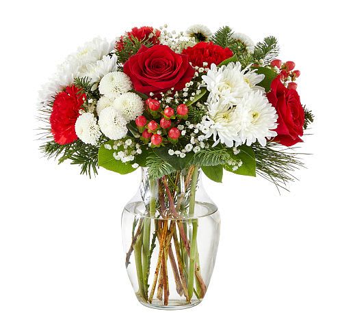 Chance Of Flurries Bouquet - Prepare for a delightful holiday surprise with &quot;Chance of Flurries,&quot; a Christmas arrangement as fresh and whimsical as a snowfall! Featuring stunning red roses, bold red carnations, and fluffy white mums, this bouquet perfectly balances the colours of the season.