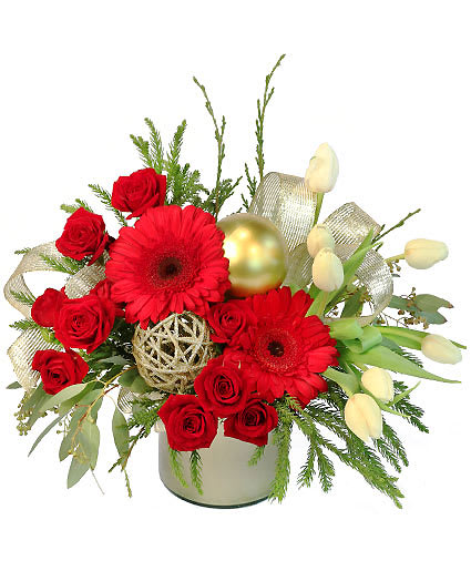 FESTIVE EVERGREEN FLOWER BOUQUET - Send some joy this holiday season with our Festive Evergreen arrangement. This jubilant design is bursting with bright red spray roses and gerberas, decadent white tulips, and vibrant evergreens. Send this joyful arrangement to celebrate the season! 