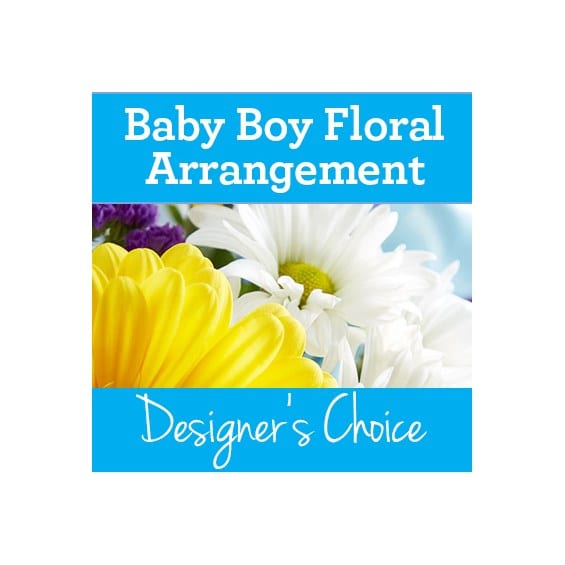Baby Boy DC 40 - Celebrate the arrival of a little one with our designer's choice baby boy bouquet. Our skilled designers curate this beautiful bouquet from the finest seasonal flowers. Perfect for welcoming a newborn or congratulating new parents, this arrangement exudes warmth, love, and the beauty of fresh blooms.  Designer's Choice -- no style, color, or container is guaranteed! Our designers will choose everything making this the ultimate selection of originality and style. Designers choice products are not created to match the image listed here - the image is an example only. 