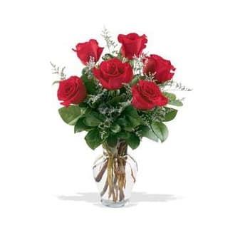6 Red Roses  - Our ruby red roses are an elegant surprise for someone who brings joy and happiness to your life. Beautifully arranged with lush greenery inside an elegant vase and 6 radiant blooms. e ready to delight the people in your life for big celebrations and every &quot;just because&quot; moment to come. 