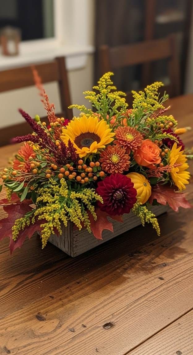 Time to give thanks Centerpiece  - It's a special time to share, decorate your table with this beautiful centerpiece in a rectangular wooden base made up of sunflowers, yellow solidagos,orange roses , red and Orange pomps hypericum and autumn leaves and green foliage, available every day