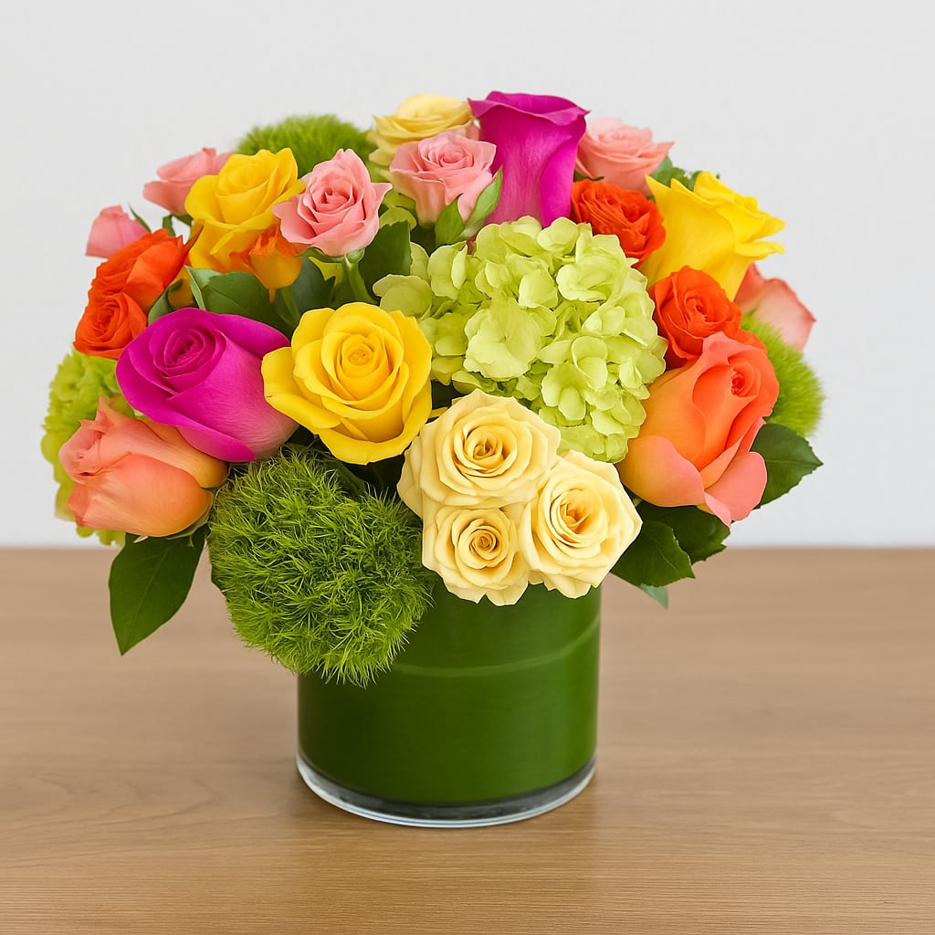 Blossoms in Vogue - Blossoms in Vogue Bright, bold, and full of style — Blossoms in Vogue is a stunning showcase of colorful roses, hydrangea, and lush greenery arranged in a sleek glass vase. With vivid pinks, oranges, yellows, and greens, this bouquet celebrates modern elegance with a joyful twist. Perfect for birthdays, celebrations, or simply adding a pop of color to any room. Handcrafted with care by Polk Street Florist, it’s the ultimate statement in cheerful sophistication.
