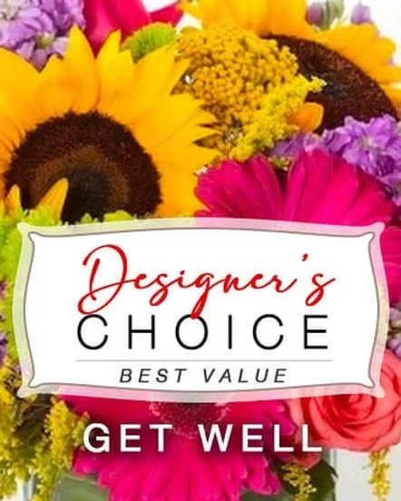 Designer's Choice - Get Well - Our finest selection of hand-picked blooms artfully designed and custom made by the artisan designers at Flowers of the Field, delivered by hand to show that person in your life that you're wishing them well when they need it.