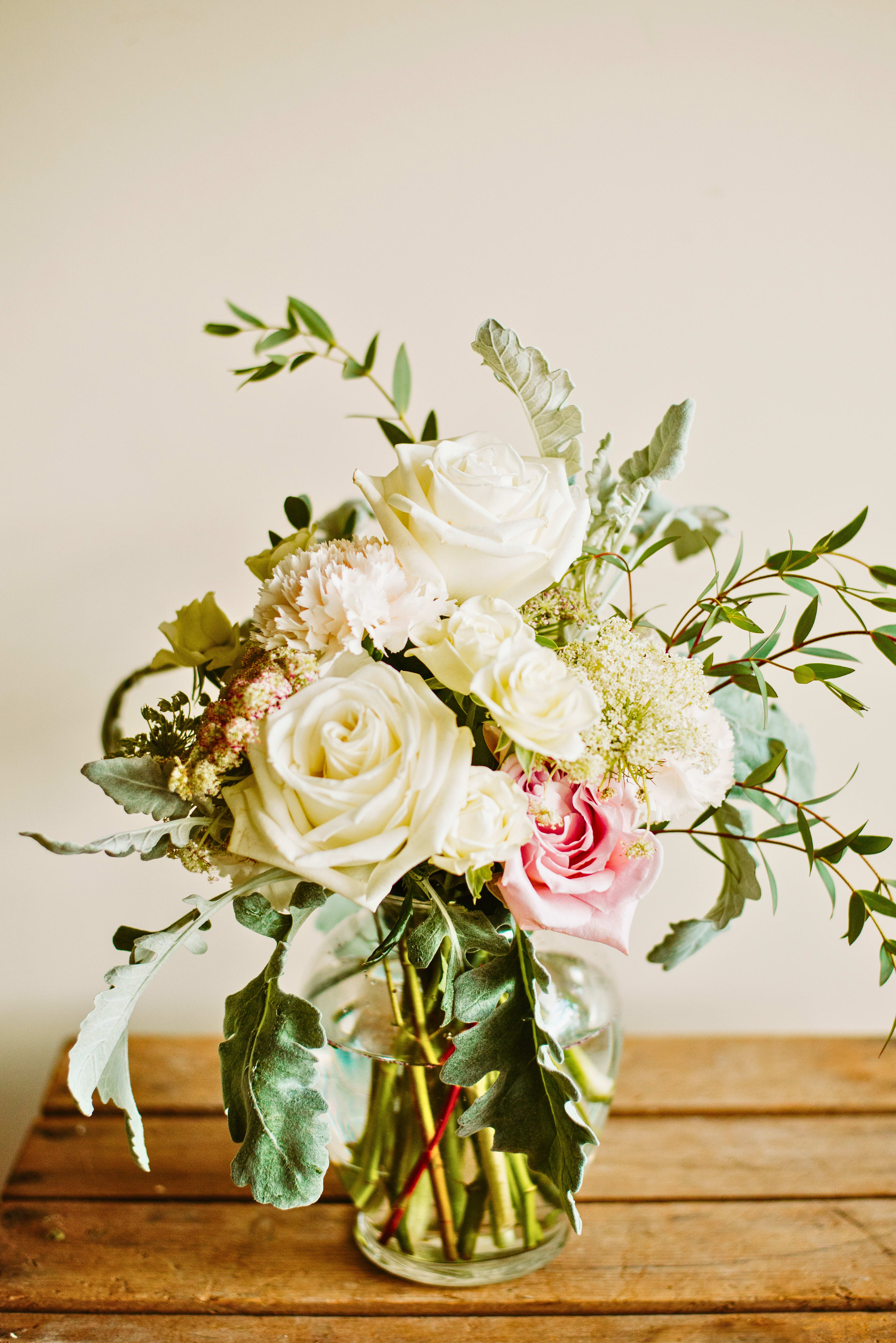 Morning Grace - Send peace and beauty with Morning Grace. Handcrafted with blush and cream blooms accented by soft dusty miller and lush foliage, this arrangement is the perfect way to express love, gratitude, or heartfelt comfort. A refined choice for any occasion.