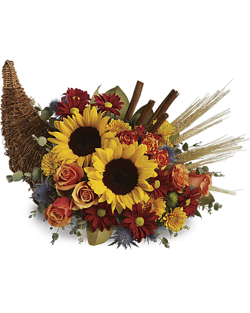 Classic Cornucopia - Celebrate the season of Thanksgiving with this traditional symbol of autumnal abundance. The perfect Thanksgiving table decoration, this beautiful cornucopia is rendered as a horn-shaped wicker basket filled with fall flowers and harvest wheat. Also, ideal for the kitchen counter, coffee table or entryway.