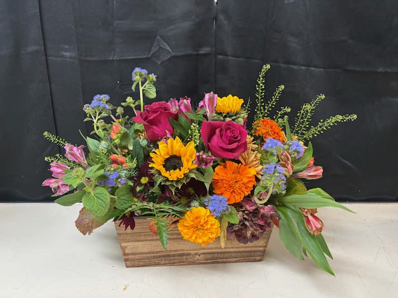 Thanksgiving Dinner Table  - Seasonal blooms in a beautiful wood box created for your Thanksgiving feast!