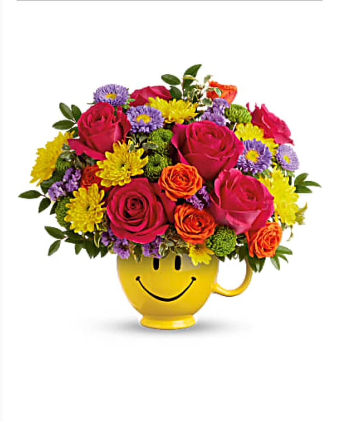 Choose Be Happy Bouquet  - Happiness, delivered! Colorful roses in a cheerful ceramic mug are the quickest way to turn any day into a GREAT day. Hot pink roses, orange spray roses, lavender matsumoto asters, green button spray chrysanthemums, yellow cushion spray chrysanthemums and lavender sinuata statice are arranged with huckleberry and pitta negra.