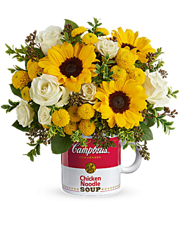 Campbell's Warm Wishes Bouquet - Let them know you're thinking about them with this heartwarming gift! This nostalgic bouquet of cheerful sunflowers and golden mums is perfectly presented in a Campbell's Chicken Noodle Soup Mug that will warm their heart for years to come. This warm bouquet includes delicate white roses, yellow sunflowers, yellow button chrysanthemums, stem oregonia, lemon leaf and seeded eucalyptus. Delivered in a Campbell's® Get Well mug.