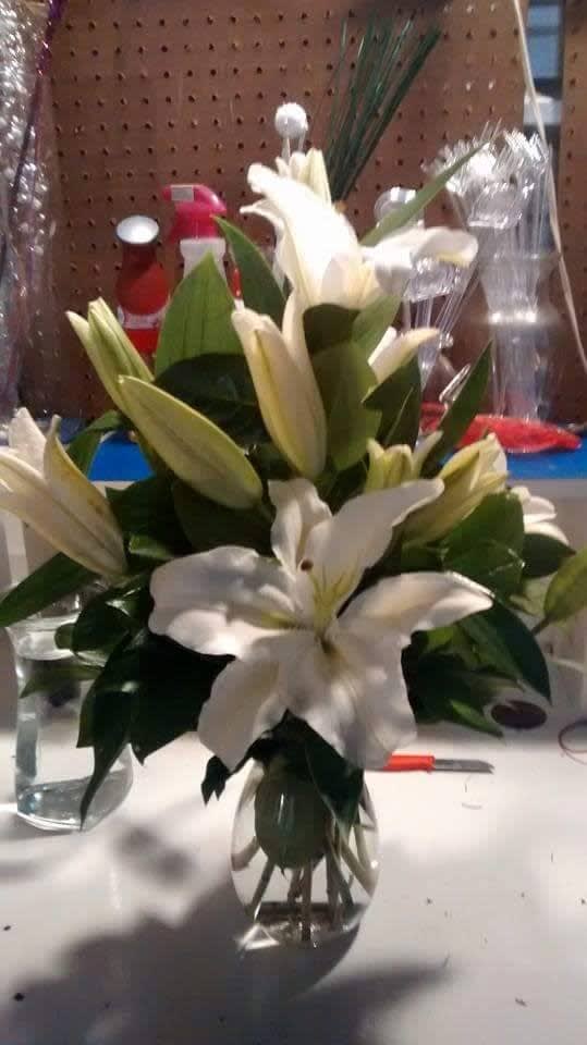 All White Lily Vase - White Lily's in a clear vase add a balloon, stuffed animal, or box of chocolates for a perfect gift