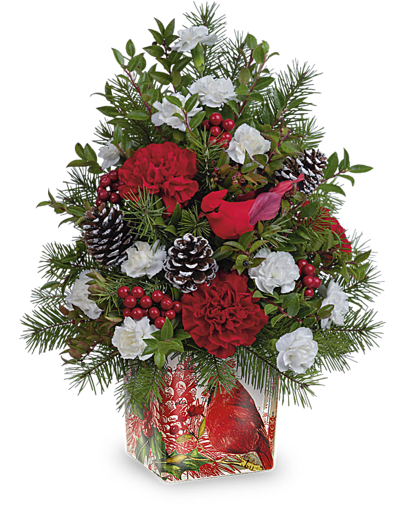 Cardinal in Flight Bouquet - Bring the magical winter forest to your Christmas table with this whimsical floral tree, arranged in a vintage-inspired cube with cheerful crimson cardinal motif.