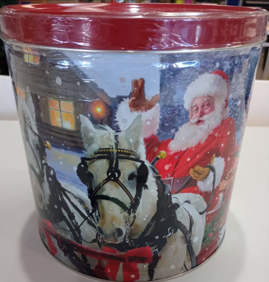 Gourmet Popcorn Tin - Gourmet popcorn tin in 3 flavors cheese, butter, and carmel. Add to any floral or balloon bouquet.