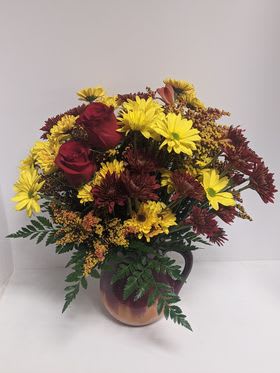 Art's Autumn Pitcher - A lovely fall mix of flowers and a keepsake pitcher