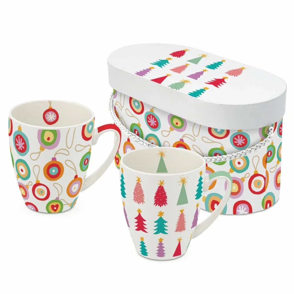 Fun Holiday Mugs in a box - 14 oz Two Mugs Gift Set in decorative box Porcelain Dishwasher/ Microwave Safe