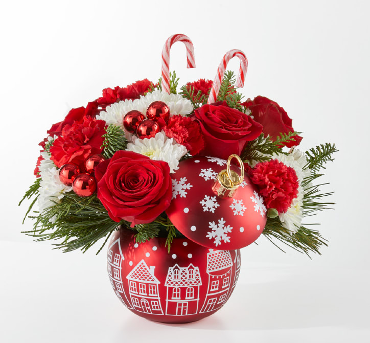 Village Ornament - Festive Flowers in a beautifully village decorated bulb style ornament