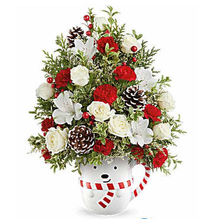 Send a Hug Snowy Lane Tree -  Send A Hug Snowy Lane Tree is a festive floral Christmas tree bursting with white alstroemeria, red blooms, and winter greens. Arranged in Teleflora's Cozy Cub Wish Mug, it's a cheerful holiday surprise. Send A Hug Snowy Lane Tree features white alstroemeria, red miniature carnations, and white limonium. Accented with cedar, oregonia, pinecones, and berries in Send A Hug Cozy Cub Wish Mug