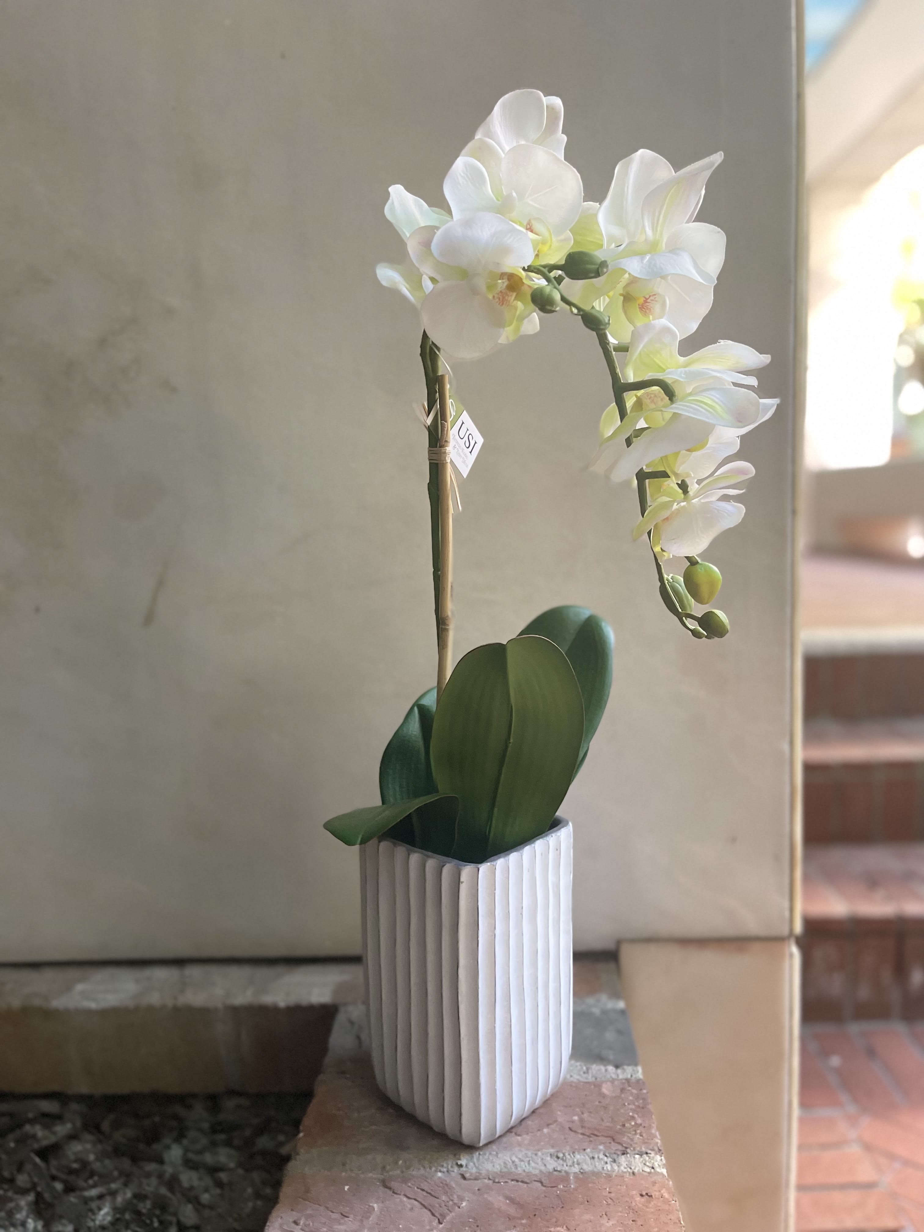 Elegance in Bloom: Artificial 21&quot; White Orchids Decoration - Transform your space into a haven of elegance with our Artificial 21&quot; White Orchids Decoration. This lifelike arrangement captures the timeless beauty of white orchids, bringing a touch of sophistication and serenity to any room.  Key Features:  Realistic White Orchids:  The artificial arrangement features meticulously crafted white orchids that closely mimic the appearance of real flowers. The lifelike petals and details make these orchids a stunning and enduring addition to your decor. Natural-Looking Foliage:  The arrangement includes lush green foliage that adds to the overall realism of the display. The combination of white orchids and vibrant greenery creates a harmonious and natural appearance. Stylish Decorative Pot:  The white orchids are presented in a stylish and complementary decorative pot, enhancing the overall aesthetic. The pot is carefully chosen to complement the elegance of the orchids while providing stability. Maintenance-Free Beauty:  Enjoy the beauty of orchids without the need for watering, sunlight, or maintenance. The artificial nature of the arrangement ensures long-lasting beauty with minimal effort. Versatile Placement:  Place the Artificial 21&quot; White Orchids in any room, from living spaces and bedrooms to offices and entryways. The neutral color scheme and classic design make it a versatile decor piece that complements various styles. Height and Presence:    