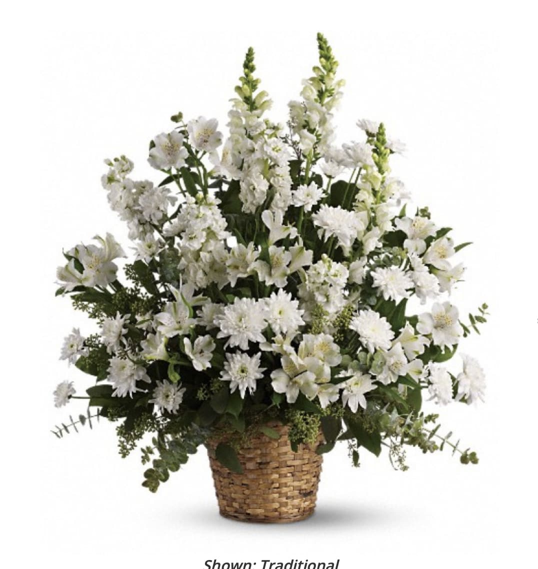 Heavenly Light Basket - Same Day Flower Delivery This exquisite bouquet includes white alstroemeria, snapdragons, stock and cushion spray chrysanthemums and is accented with eucalyptus and lemon leaf. Delivered in a 6&quot; wicker basket. 