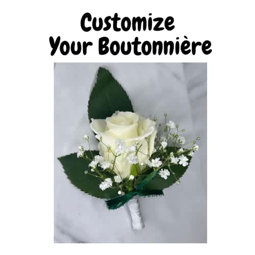 CUSTOMIZE YOUR OWN - Hello Please Feel Free To Customize Your Own Boutonnière it will be easier to give us a call at 937-689-6325 but if you'd like to proceed online then please answer the following questions  1) What color rose would you like (red or white) 2) What color ribbon (aka what color is the dress and suit)  3) What color for accents (silver jewelry or gold jewelry)  4) any questions? 