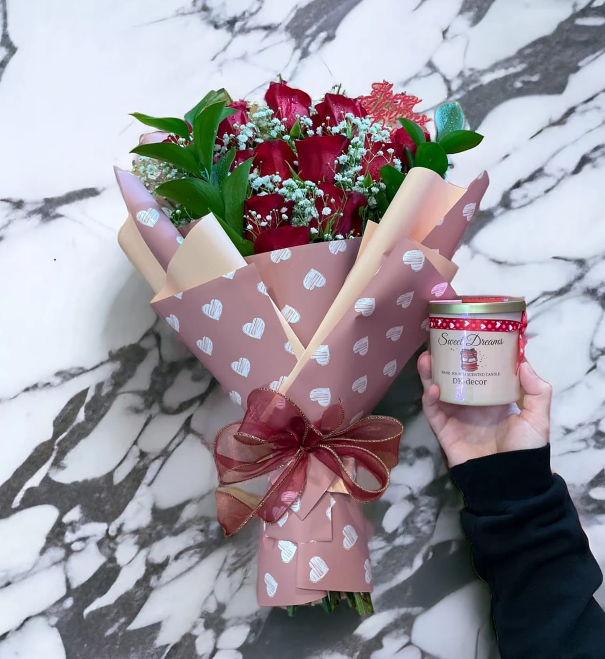 Valentines Special w/ Candle - Make this Valentine's Day unforgettable with our special package: a dozen luxurious roses elegantly wrapped, complemented by a unique handmade Valentine's Day candle