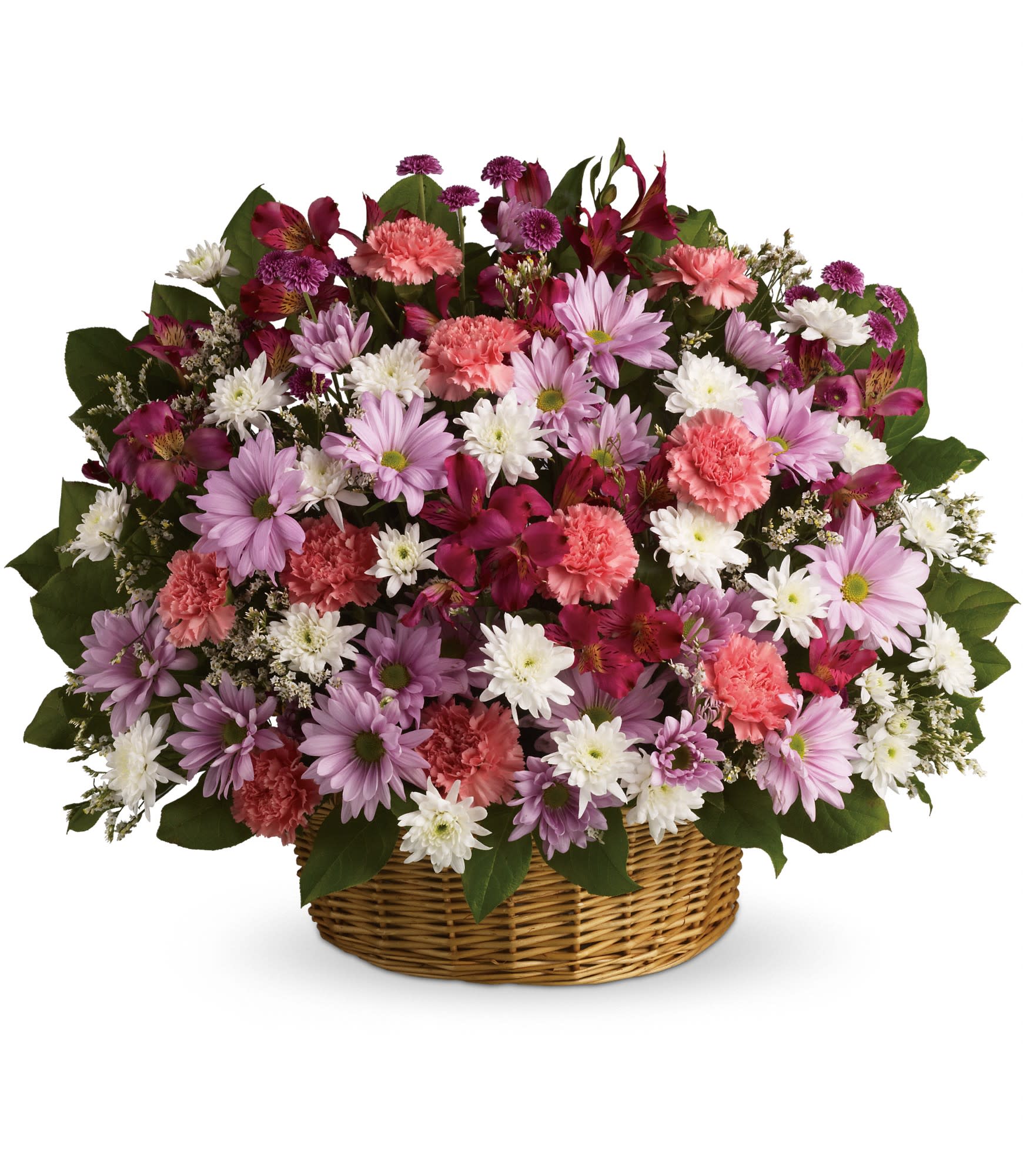 Rainbow Reflections Basket - Soft and soothing. This basket is overflowing with pastel flowers and your sincere message of hope to those in mourning. Other color options available, please call for details and banner options.