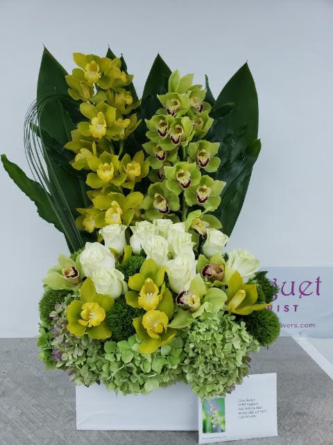 Emerald Elegance: Green Cymbidium Orchid Arrangement - &quot;Emerald Elegance&quot; is a sophisticated floral arrangement that celebrates the beauty of nature through the enchanting green cymbidium orchids. With their graceful allure and vibrant green tones, the cymbidium orchids take center stage, creating a composition that exudes elegance and freshness. This arrangement is a testament to the timeless beauty of green hues and the refined presence of cymbidium orchids. Join us as we explore the allure of &quot;Emerald Elegance.&quot;  Varieties and colors of flowers may vary according to season and availability. This arrangement includes a newly cleaned vase and good quality water &amp; flower food.  Item: 1720  Care Instructions: For the best vase life, change the water every two days.  