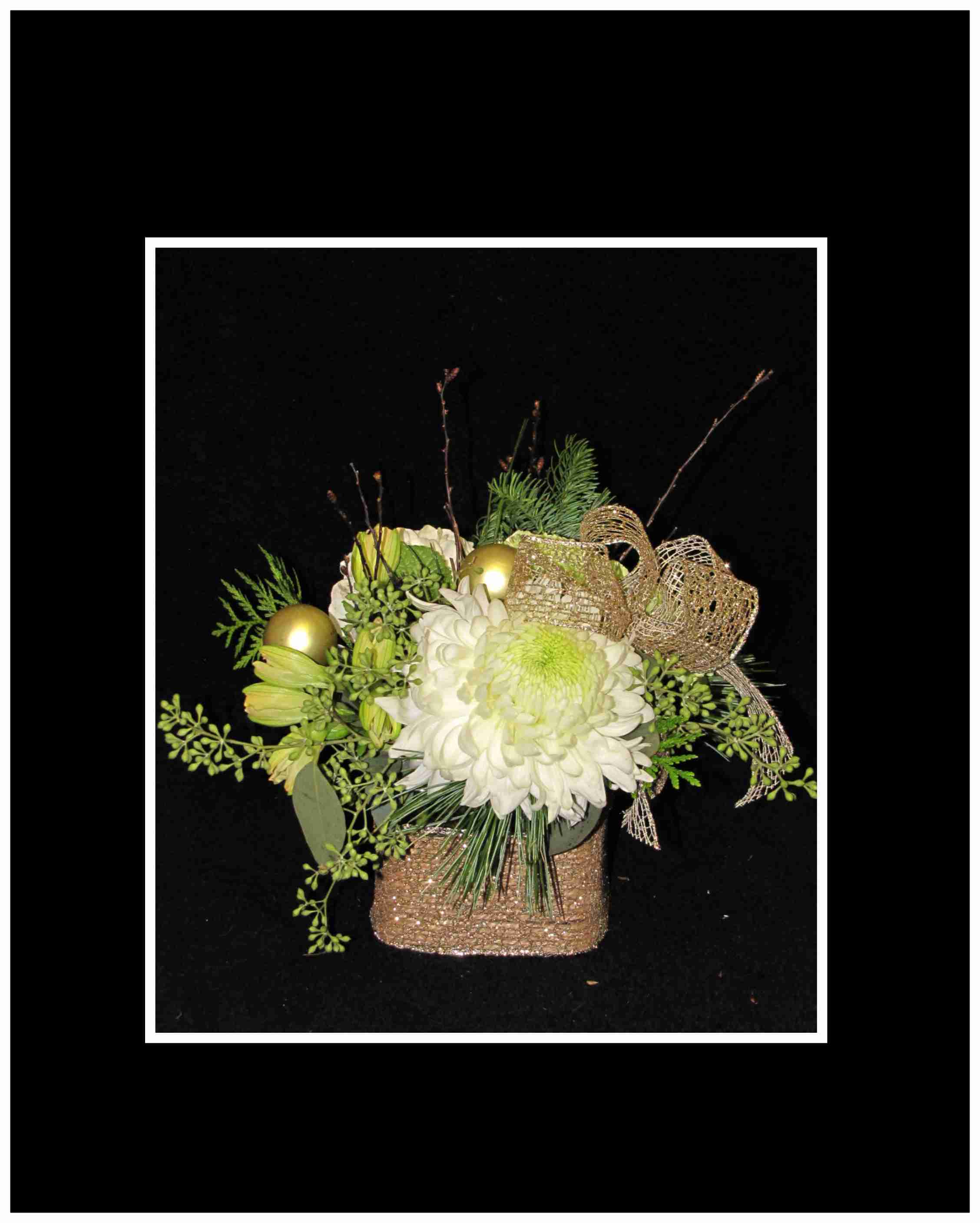 Touch of Gold Christmas Bouquet - A wonderful arrangement with a disbud mum, hydrangea blossom, Christmas greenery, gold decorations in a square vase.  Approximately 10 H&quot; X 10 W&quot;