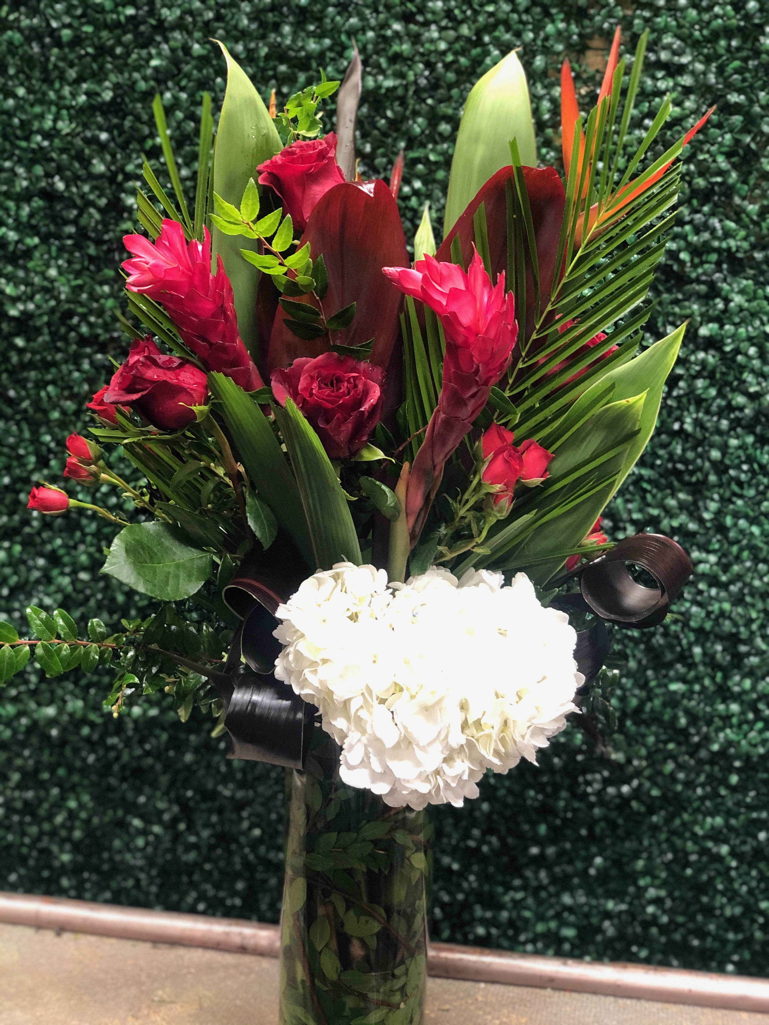 tropical paradise  - birds of paradise, ginger, premium tropicals and red roses with white hydrangea