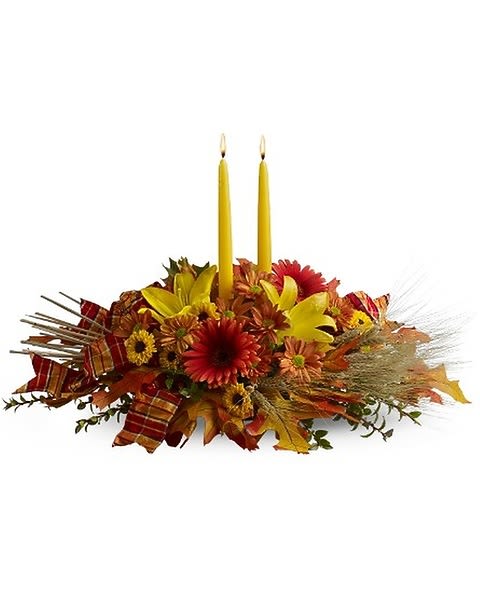 Country Harvest Centerpiece - At harvest time in the country, ripe stalks of golden wheat wave in the fields, and wildflowers peek up here and there. This glorious candle centerpiece features fresh flowers, natural wheat and fall leaves and is a lovely choice for Thanksgiving. A mix of fresh flowers such as Asiatic lilies, chrysanthemums and gerberas – arranged with huckleberry, natural wheat, preserved oak leaves and two tall yellow candles – is accented with wired plaid ribbon and delivered in a tray.