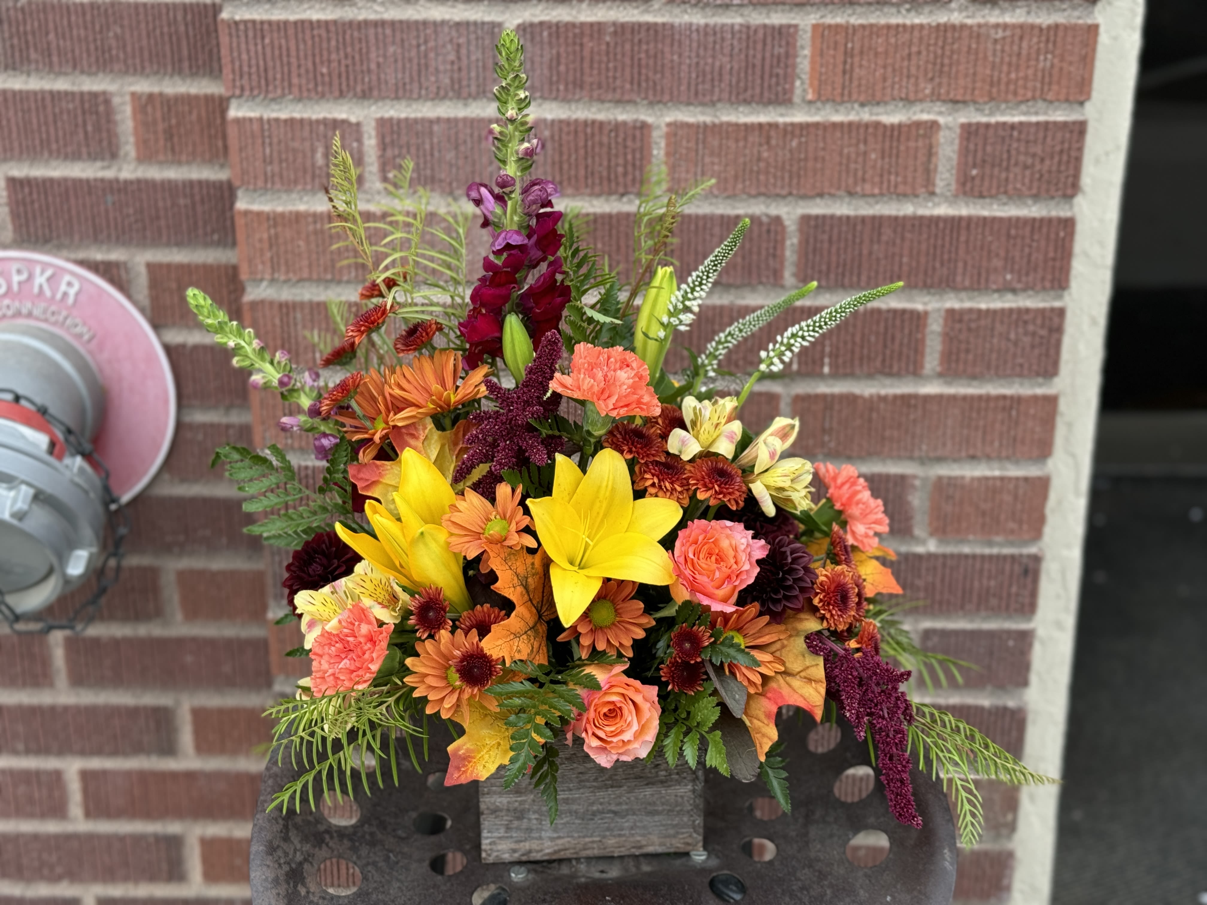 Rustic Autumn - Arriving in a barnwood box full of fall flowers. Rustic in design. 