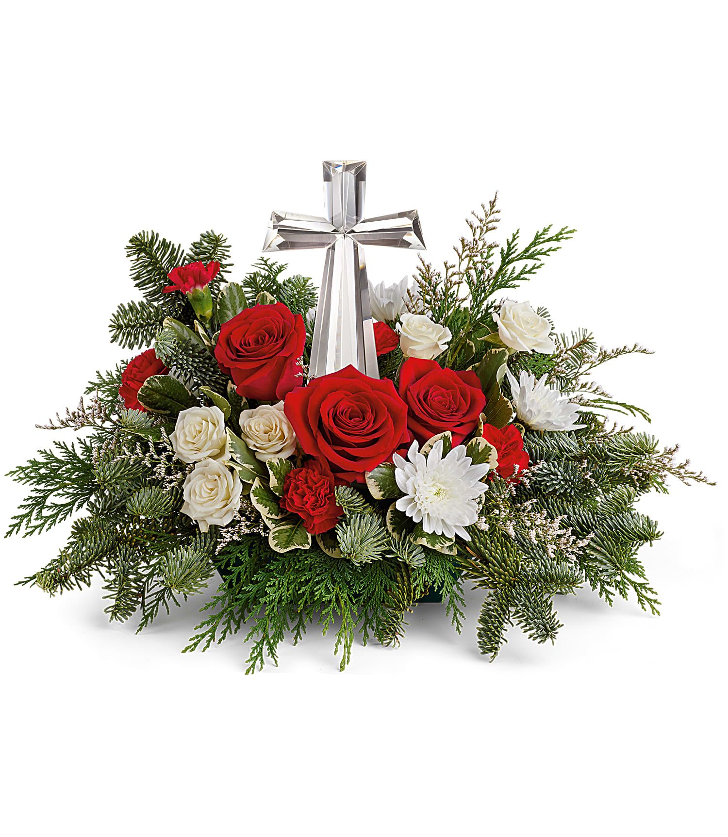 Joy Of Light - The crystal cross is nestled elegantly among red and white blooms, this keepsake brings joy and light to your special occasion.