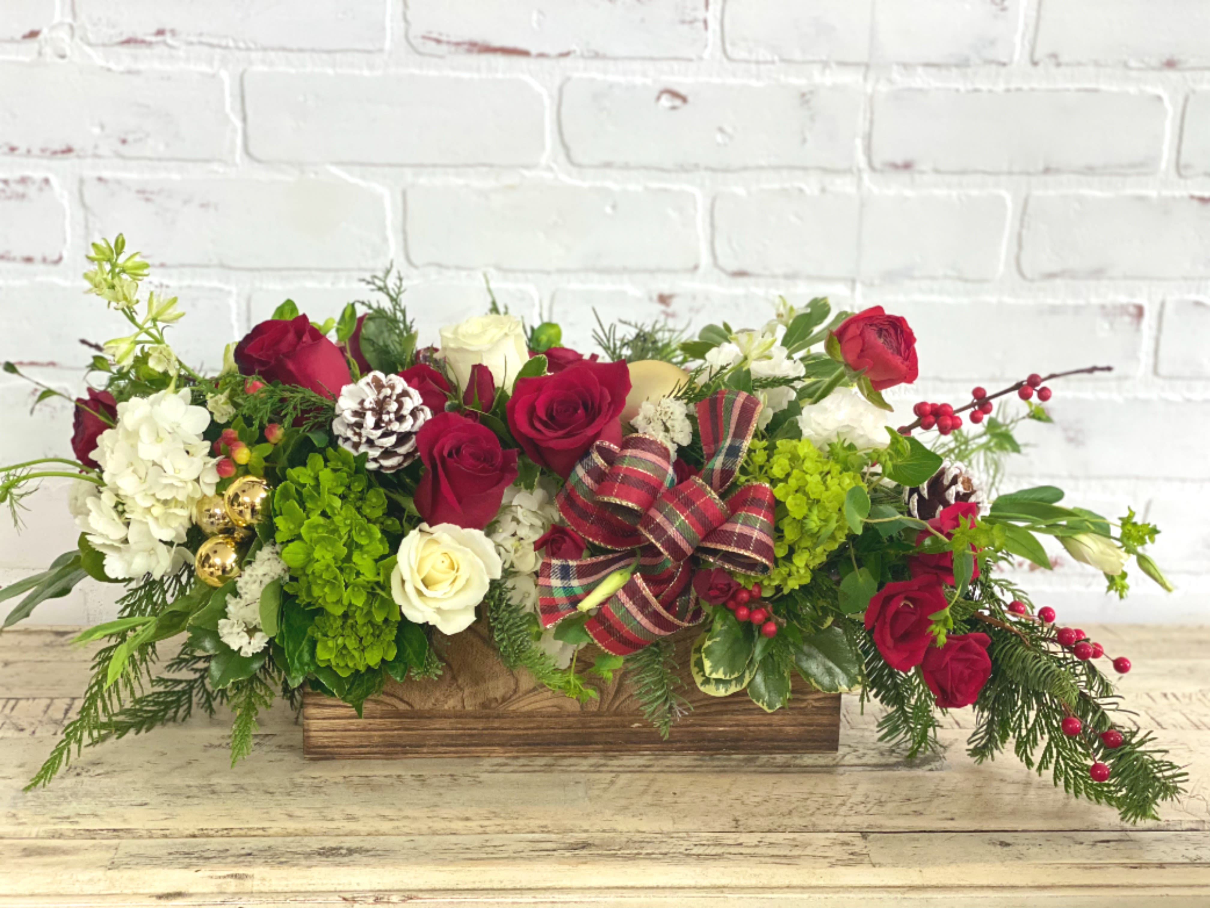 Home For Christmas - Rustic wood box filled with Christmas themed florals
