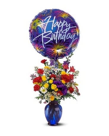 #29 Birthday Fireworks - This explosion of colorful flowers along with a foil balloon adds just the right spark to every birthday celebration.  with attached &quot;Happy Birthday&quot; message balloon. sold out blue vase, sub: red or clear 