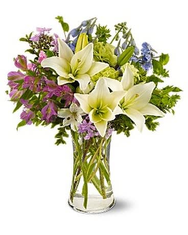 #32 Heavenly Hamptons - Dream of days spent in a house by the oceanâ¦ a heavenly breeze drifts by carrying the fragrance of garden flowers. This casual summer bouquet of white lilies blue delphinium and purple and green blooms is just right for any occasion. White Asiatic lilies light blue delphinium green carnations purple phlox and purple and white alstroemeria â accented with bupleurum and oregonia â are delivered in a clear glass gathering vase. Approximately 13&quot; (W) x 15&quot; (H) Orientation: All-Around As Shown : TFWEB175
