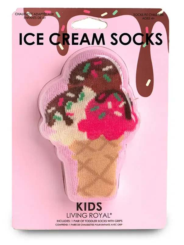 Ice Cream Cone Socks - Made just right for little feet, these socks are super comfy, perfect for kids aged 4 and up. They have non-slip grips on the bottom so you can run, jump, and play without slipping. These socks are not just soft and snug, they’re also a blast to wear and show off to friends. The funky, 3D packaging makes them the ideal gift for birthdays, holidays and more!  Details: *Fits Age 4+ (Children's Shoe Size 9+) *Non-Slip Grip on Bottoms *70% Cotton, 28% Polyester, 2% Spandex