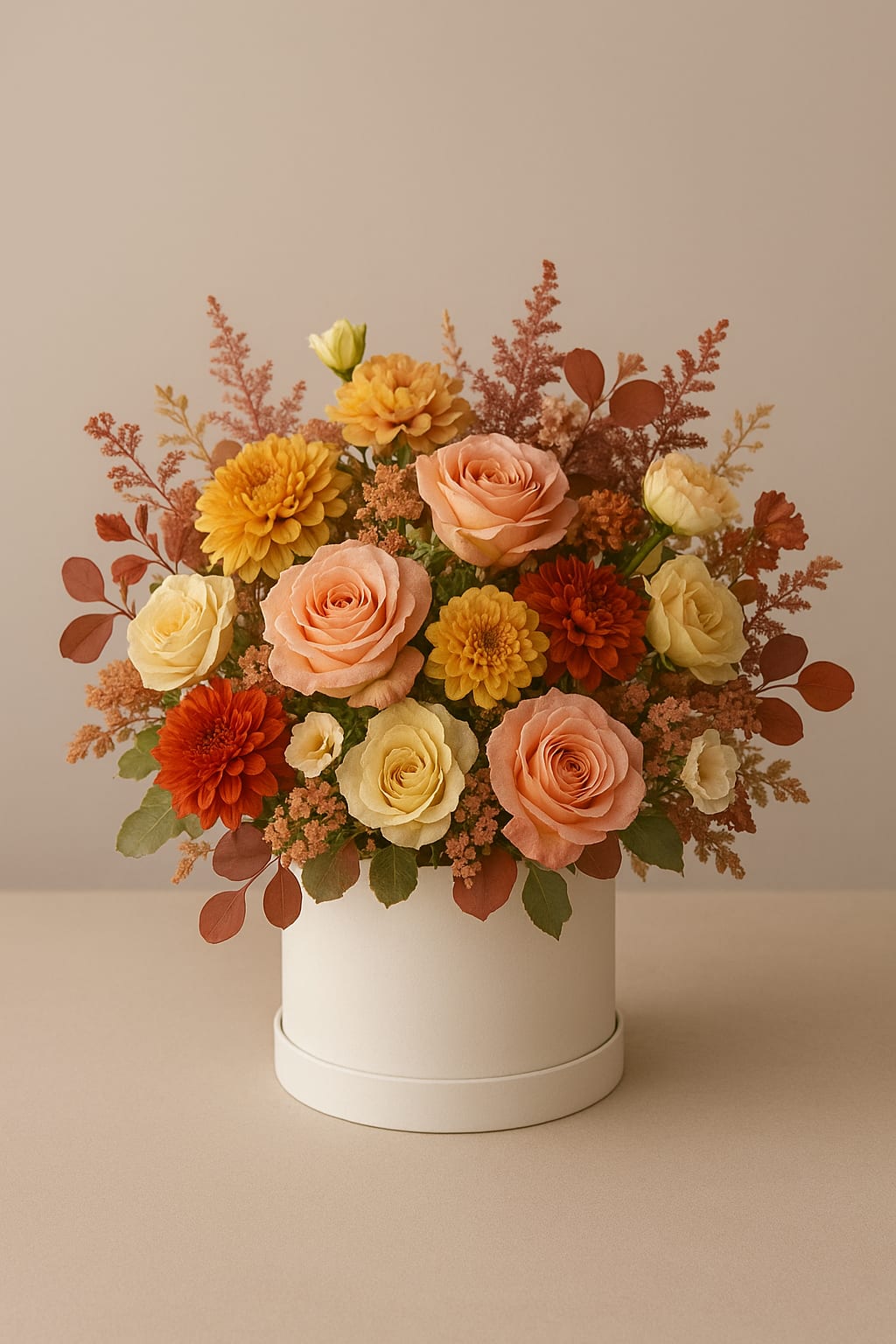Composition of Autumn Flowers in a Box - An autumn composition in a box is coziness captured in flowers. When the air turns crisp and the scent of rain and fallen leaves fills the streets, we naturally want to surround ourselves with warmth, soft colors, and the beauty of nature. That’s why an autumn flower composition in a box becomes the perfect accent for any interior and a wonderful gift for those who appreciate atmosphere, elegance, and thoughtful details. This bouquet is not just a collection of flowers — it’s a true work of art, where every element is chosen with care and love. Flowers in a box don’t require a vase; simply place the arrangement on a table, windowsill, or nightstand, and it instantly brings life, comfort, and warmth to the space. Inside the box, a special water-soaked floral sponge keeps the flowers fresh for many days, so the composition requires no maintenance and remains vibrant and beautiful.  The autumn palette combines golden, terracotta, burgundy, and creamy tones, evoking a feeling of softness and tranquility. Roses — symbols of tenderness and sophistication — are often at the heart of such arrangements, accompanied by chrysanthemums and dahlias that add richness and texture. Eucalyptus, astilbe, and dried flowers bring lightness and a natural touch, creating harmony between form, texture, and color. Each bouquet reflects the essence of autumn — a blend of gentle melancholy, cozy warmth, and the quiet beauty of a fading season.