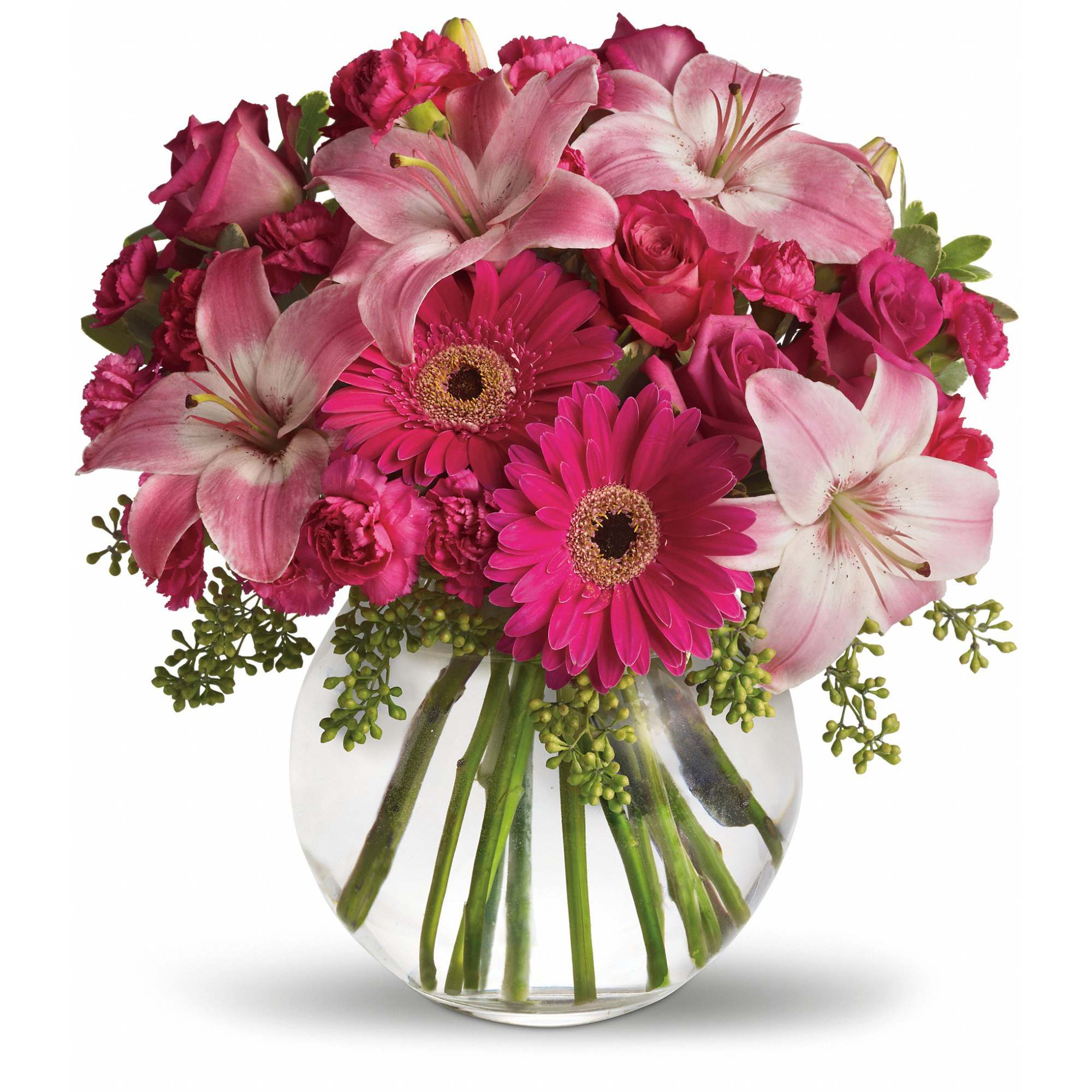 A Little Pink Me Up - Youthful. Graceful. Beautiful. These are just a few qualities that come to mind when gazing at a gorgeous bouquet of pink flowers. Whether you want this arrangement to say &quot;Happy Anniversary&quot; or &quot;Happy Any Day,&quot; you can be sure the day it arrives will be brighter for anyone lucky enough to receive it.  Lovely pink roses and asiatic lilies are joined by hot pink gerberas and miniature carnations, pink full-sized carnations and more in a clear glass ball. Send this one and life will be a bowl of cheer!  Approximately 13 1/4&quot; W x 14 1/2&quot; H  Orientation: All-Around  