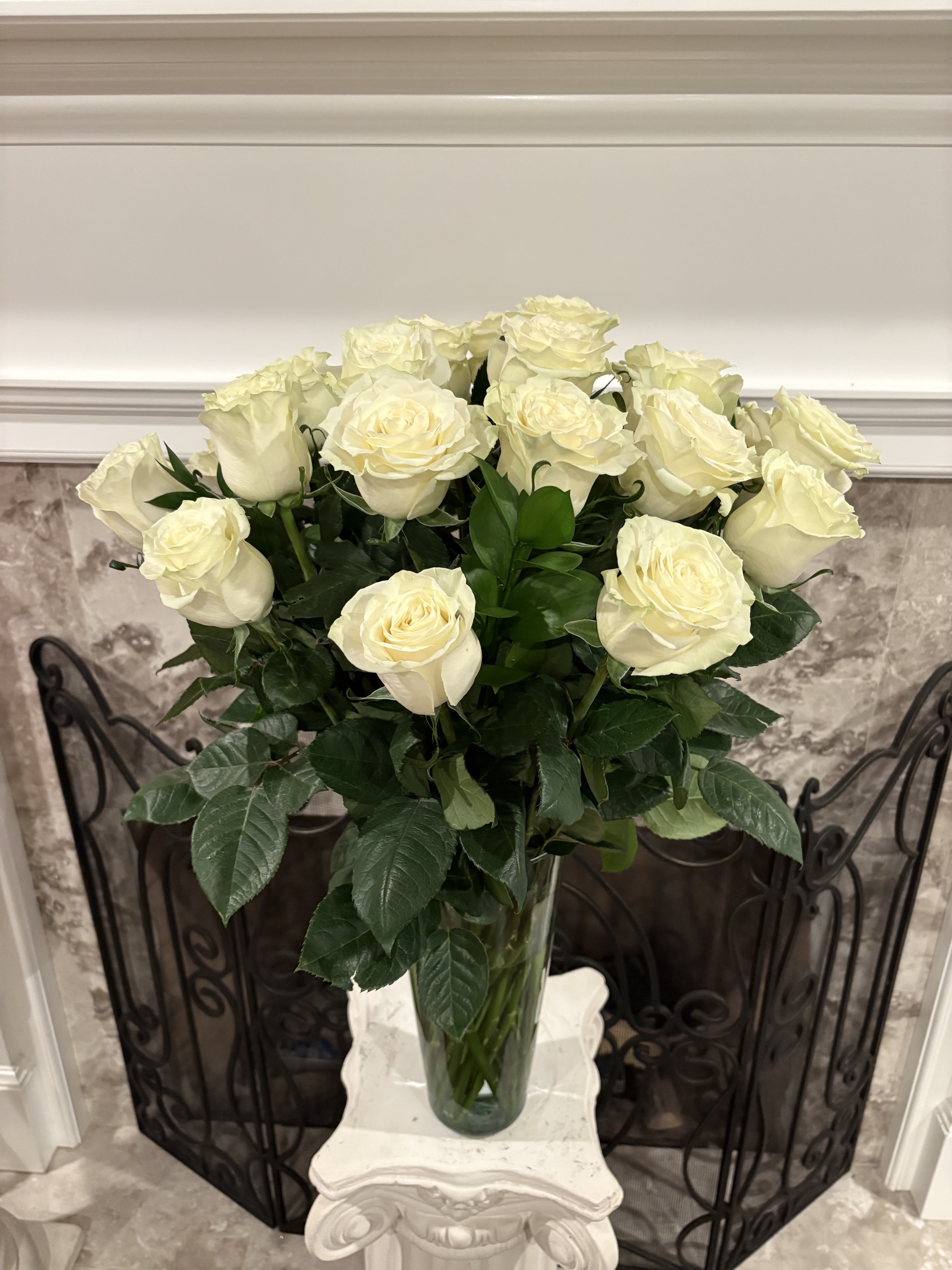 With Love &amp; Fond Memories On Promotion - Two Dozen White Roses With Greeneries. 26&quot; H x 20'W 