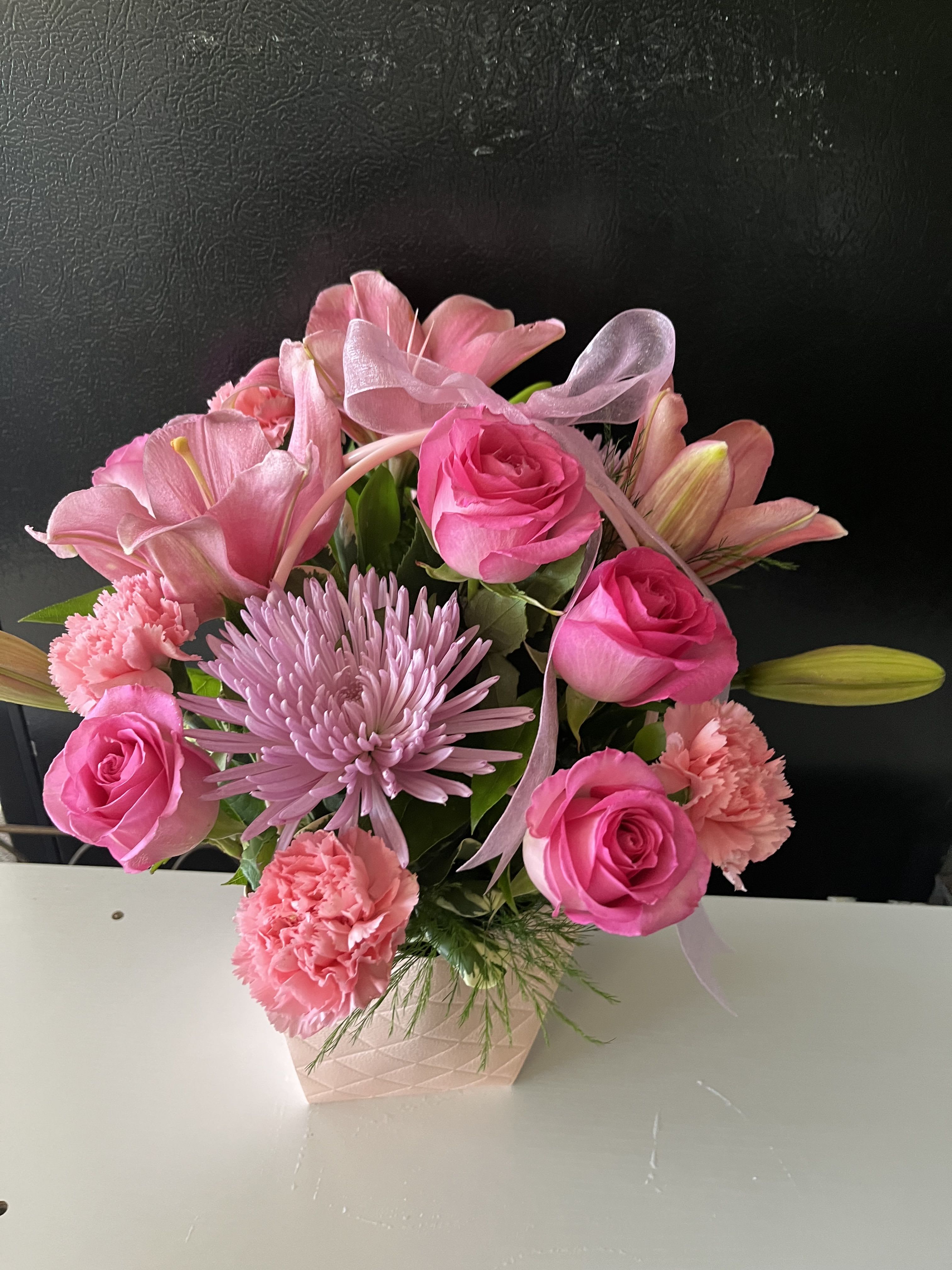 Fresh Basket flowers  - fresh pink flowers in basket  Other colors available 