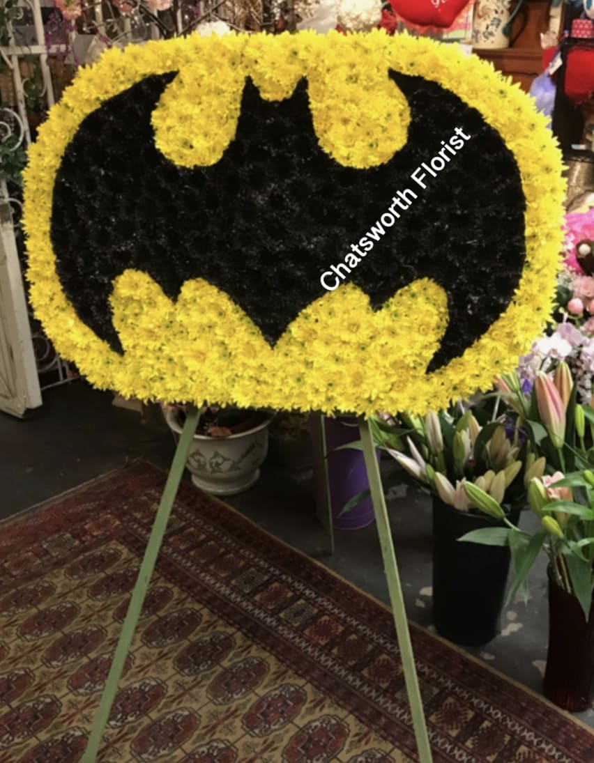 BATMAN TRIBUTE FLORAL  - For the Batman Lover : Standing Easel Batman Tribute Approximately 36 inches wide 24 inches  tallon 5 foot easel 2 Days notice Required