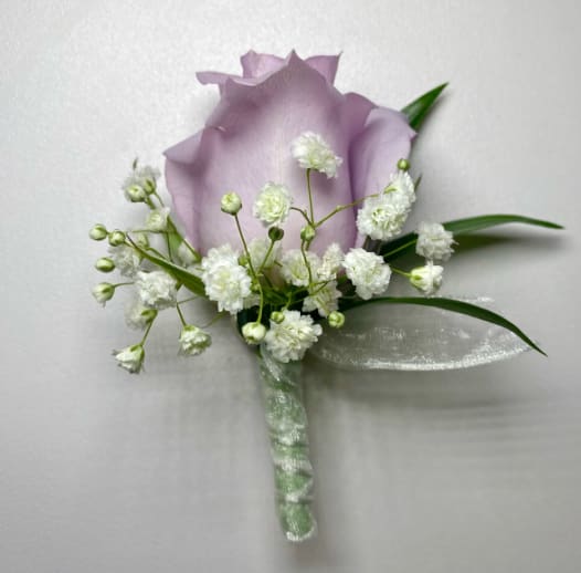 Lavender Boutonniere - Lavender Rose with Babies Breath wrapped with white sheer ribbon.