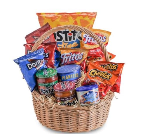 Snack Lovers Gift Basket - Assortment Of Chips, Salsa, Mixed Nuts, and Roasted Almonds. If you would like different products that what are shown, please give us a call.