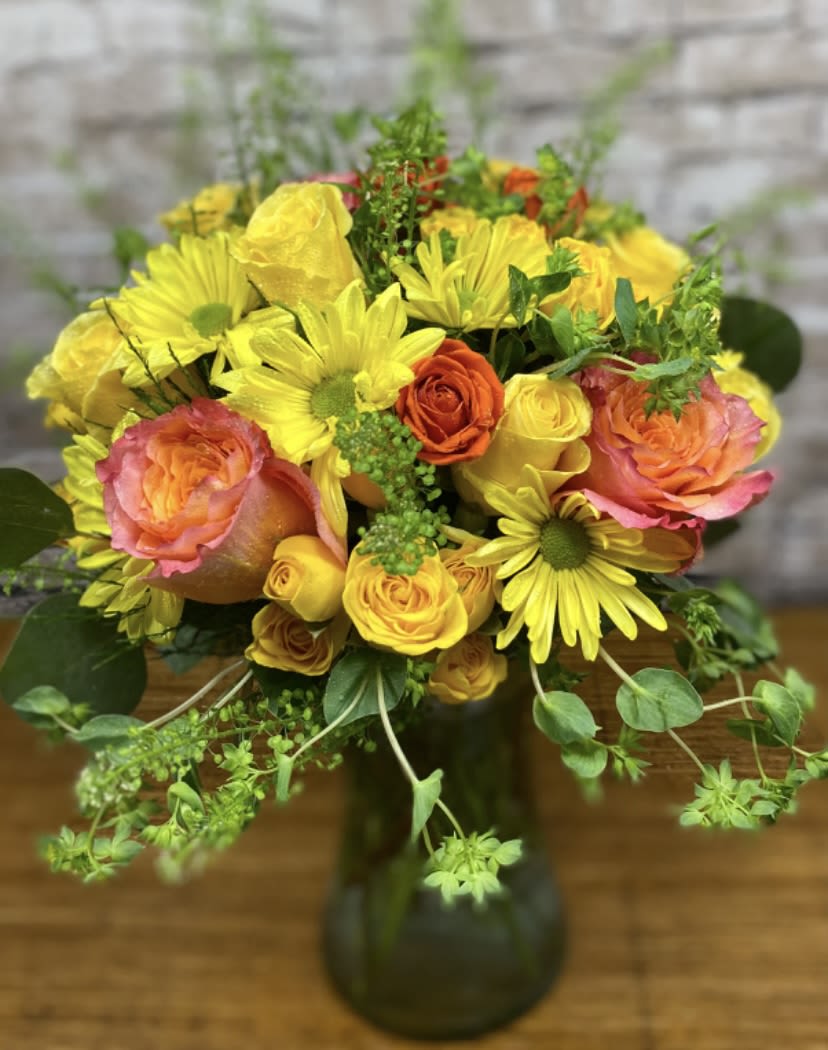 Sophia's Sunrise - Yellow and Orange Roses with Yellow Buttons in square vase